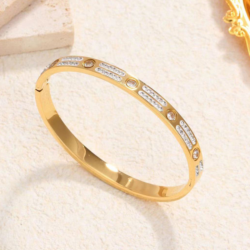 Stainless Steel Gold-Plated American Diamond Studded Bangle-Style Anti-Tarnish Bracelet For Women