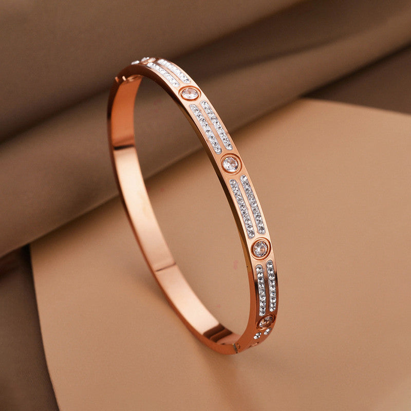 Stainless Steel Rose Gold-Plated American Diamond Studded Bangle-Style Bracelet For Women