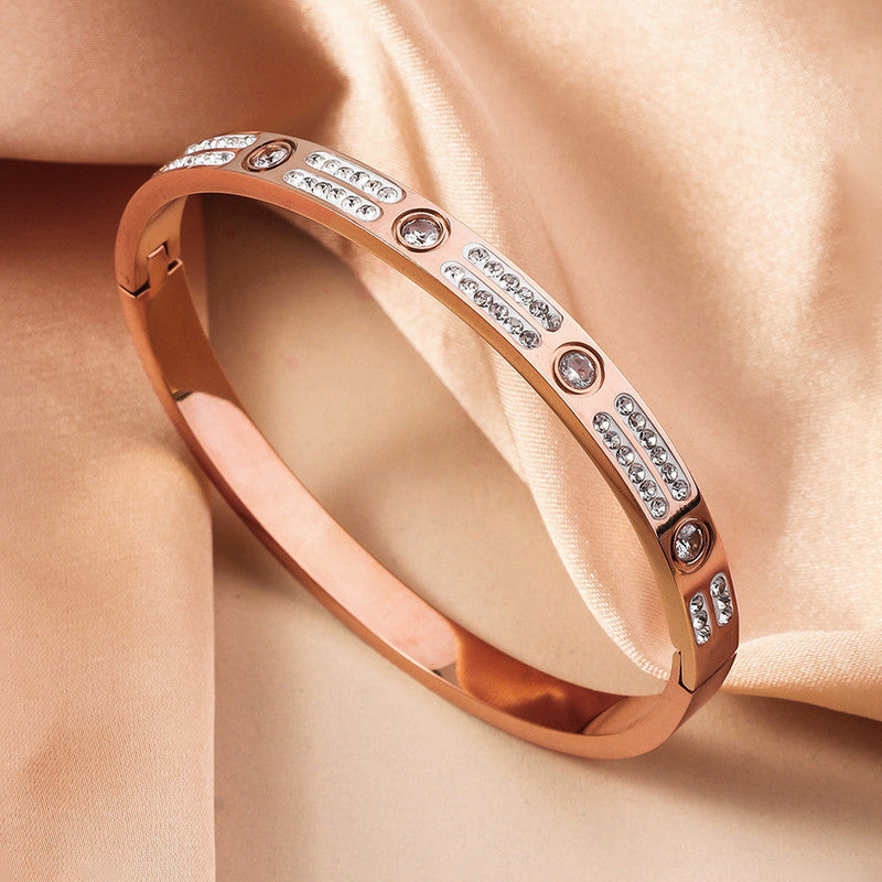 Stainless Steel Rose Gold-Plated American Diamond Studded Bangle-Style Bracelet For Women