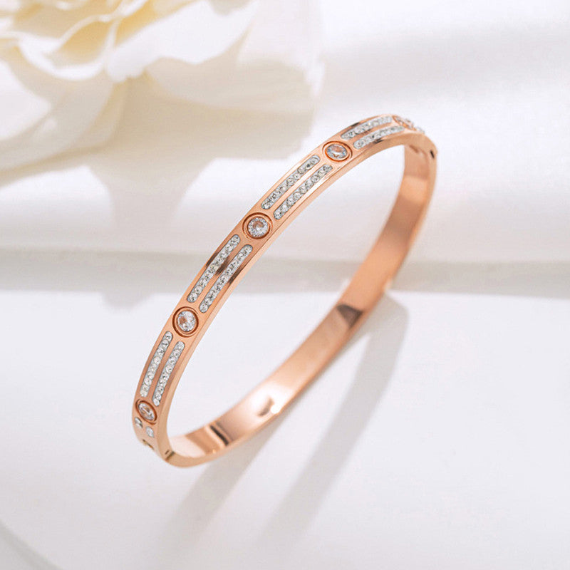 Stainless Steel Rose Gold-Plated American Diamond Studded Bangle-Style Bracelet For Women