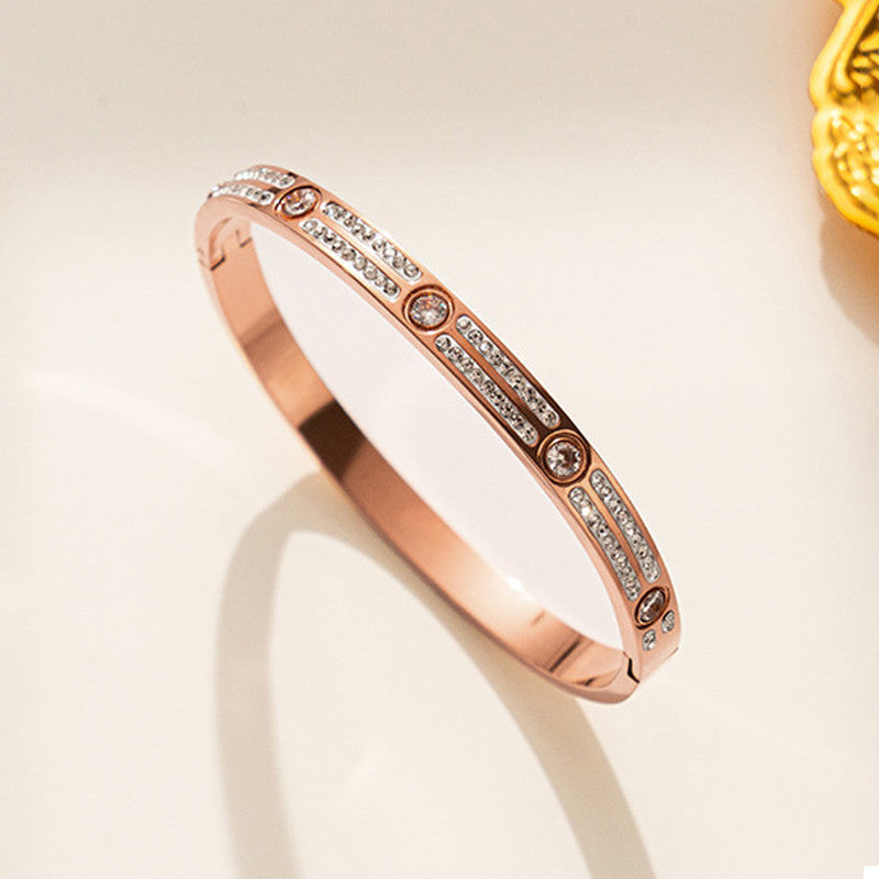 Stainless Steel Rose Gold-Plated American Diamond Studded Bangle-Style Bracelet For Women