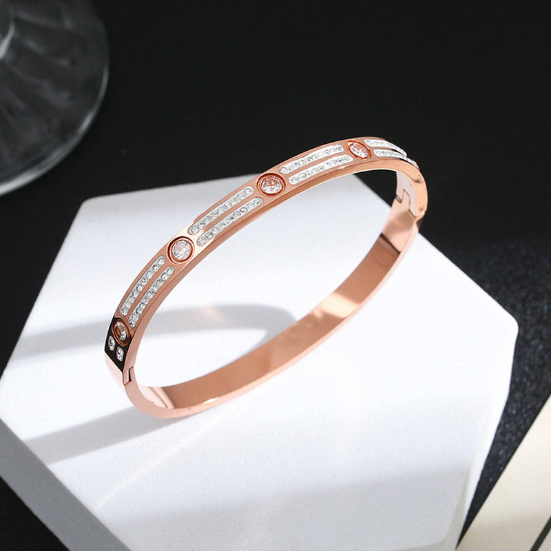 Stainless Steel Rose Gold-Plated American Diamond Studded Bangle-Style Bracelet For Women