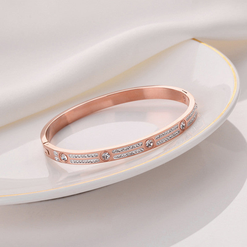 Stainless Steel Rose Gold-Plated American Diamond Studded Bangle-Style Bracelet For Women