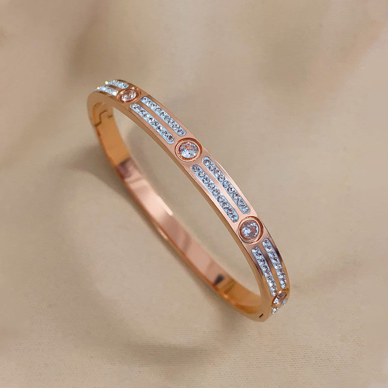 Stainless Steel Rose Gold-Plated American Diamond Studded Bangle-Style Bracelet For Women