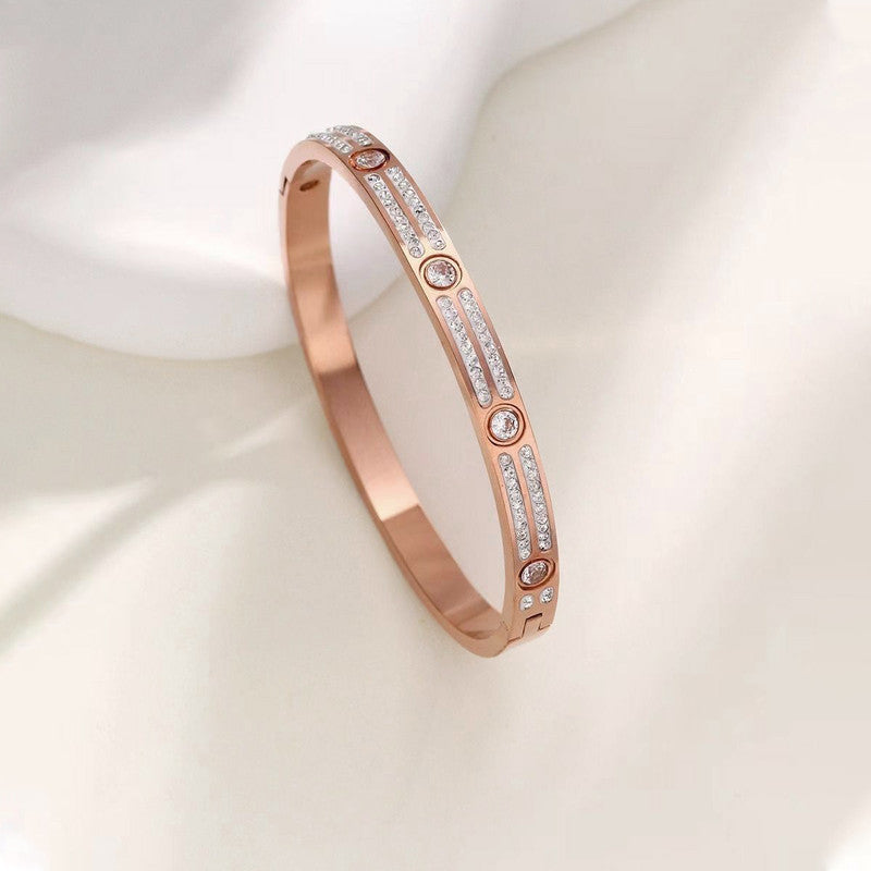 Stainless Steel Rose Gold-Plated American Diamond Studded Bangle-Style Bracelet For Women