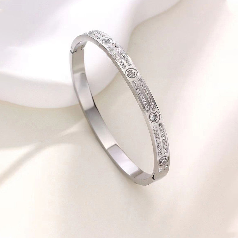 Stainless Steel Silver-Plated American Diamond Studded Bangle-Style Anti-Tarnish Bracelet For Women