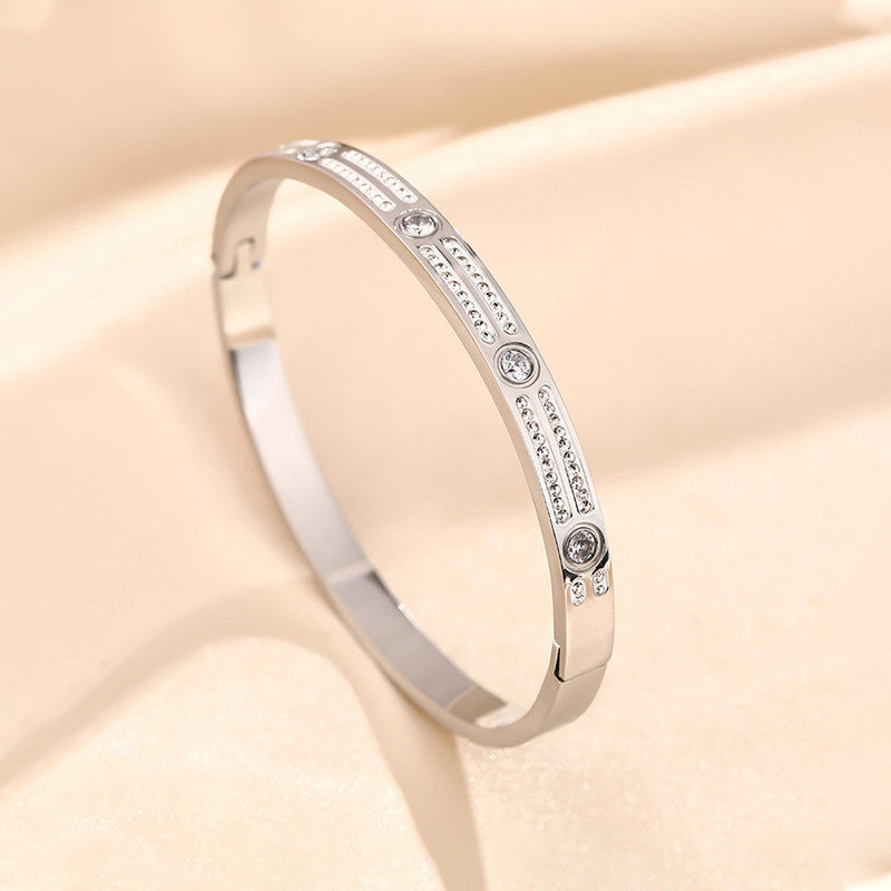 Stainless Steel Silver-Plated American Diamond Studded Bangle-Style Anti-Tarnish Bracelet For Women