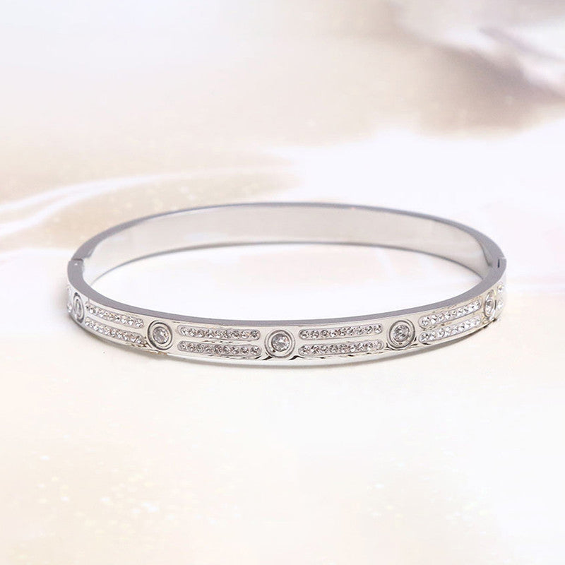 Stainless Steel Silver-Plated American Diamond Studded Bangle-Style Anti-Tarnish Bracelet For Women