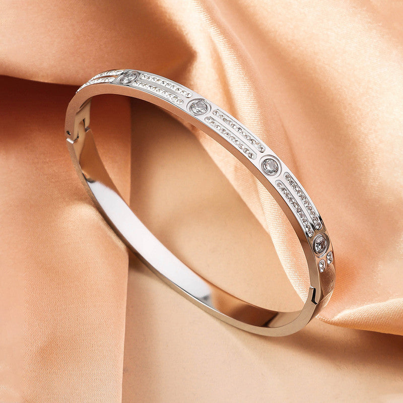 Stainless Steel Silver-Plated American Diamond Studded Bangle-Style Anti-Tarnish Bracelet For Women