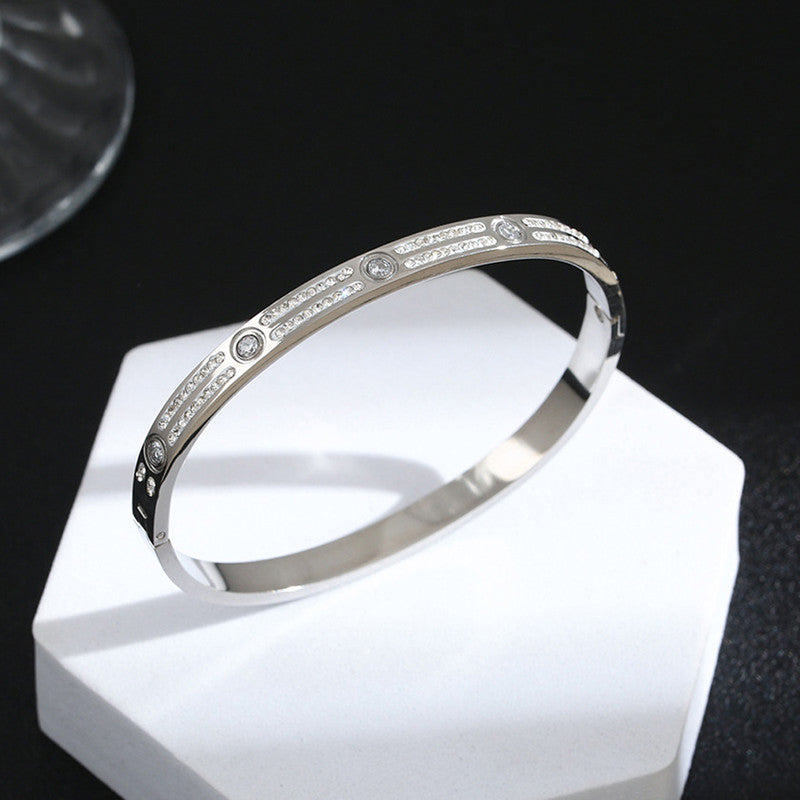 Stainless Steel Silver-Plated American Diamond Studded Bangle-Style Anti-Tarnish Bracelet For Women