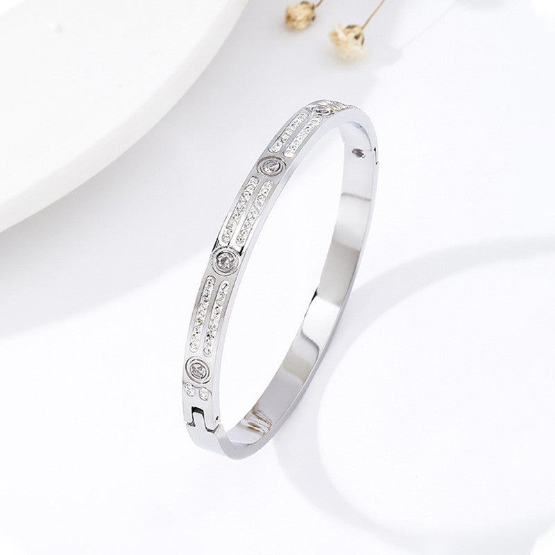 Stainless Steel Silver-Plated American Diamond Studded Bangle-Style Anti-Tarnish Bracelet For Women