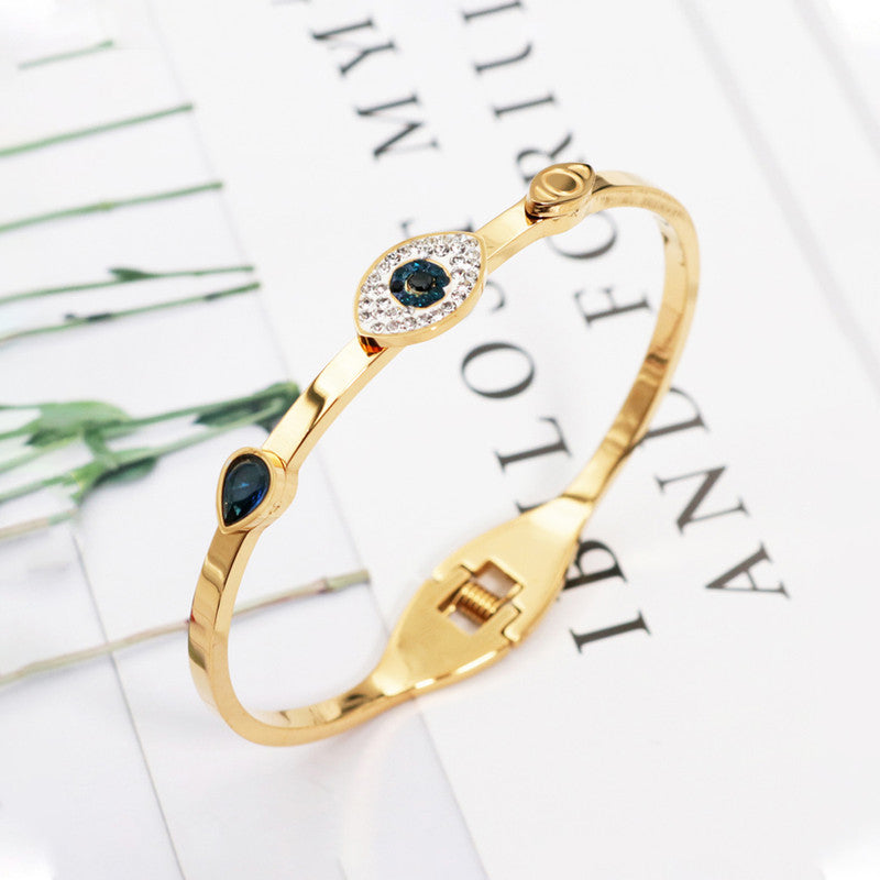 Stainless Steel Gold-Plated American Diamond Evil Eye Bangle-Style Anti-Tarnish Bracelet For Women