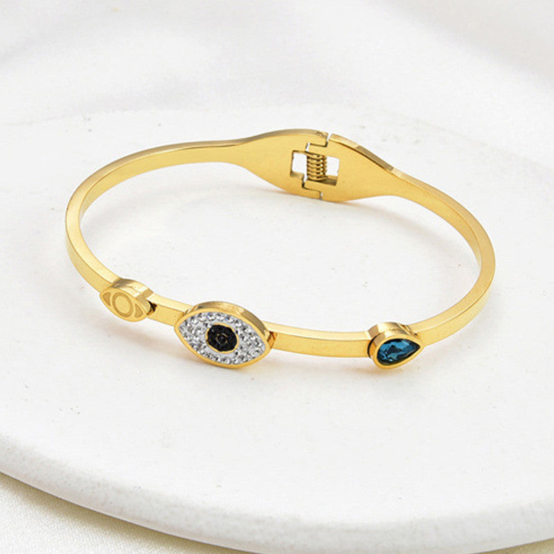 Stainless Steel Gold-Plated American Diamond Evil Eye Bangle-Style Anti-Tarnish Bracelet For Women