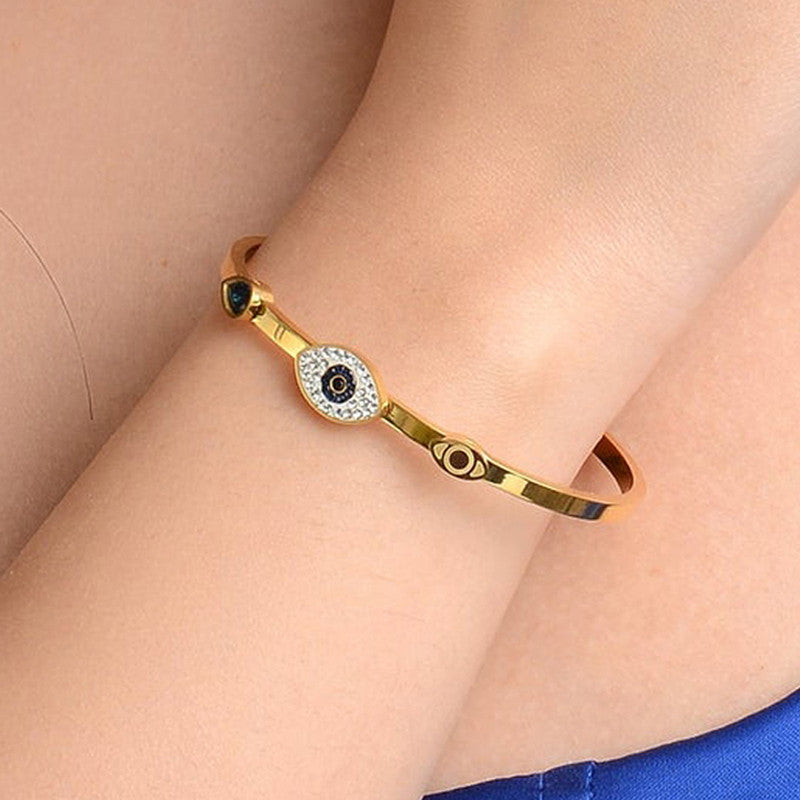 Stainless Steel Gold-Plated American Diamond Evil Eye Bangle-Style Anti-Tarnish Bracelet For Women