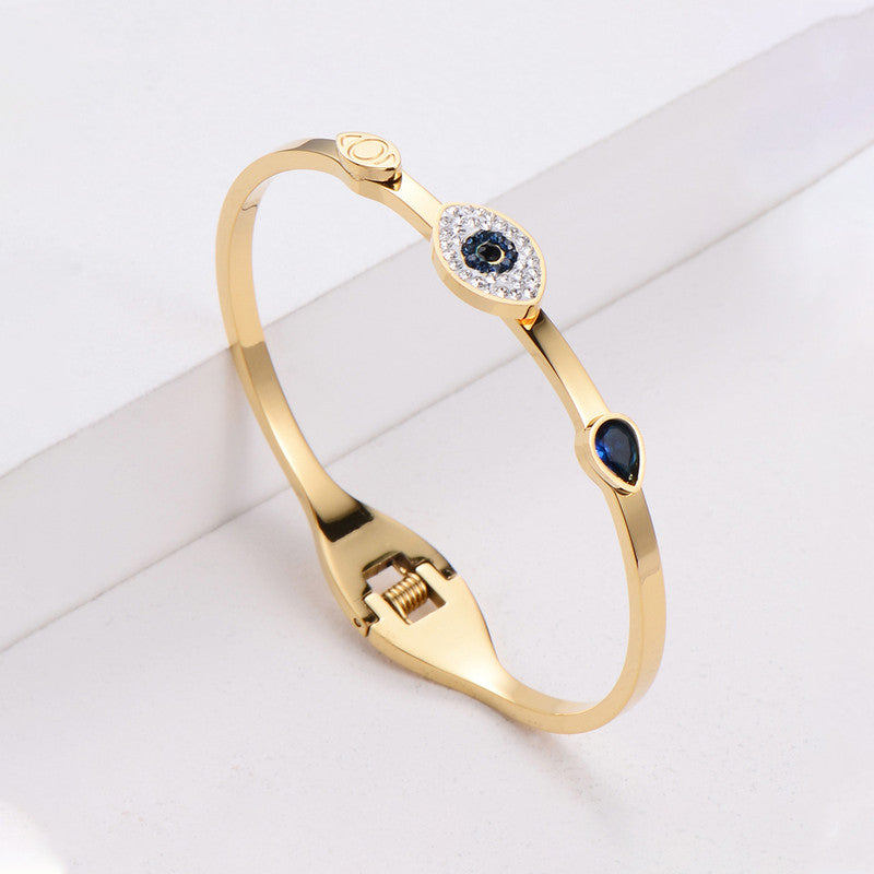 Stainless Steel Gold-Plated American Diamond Evil Eye Bangle-Style Anti-Tarnish Bracelet For Women