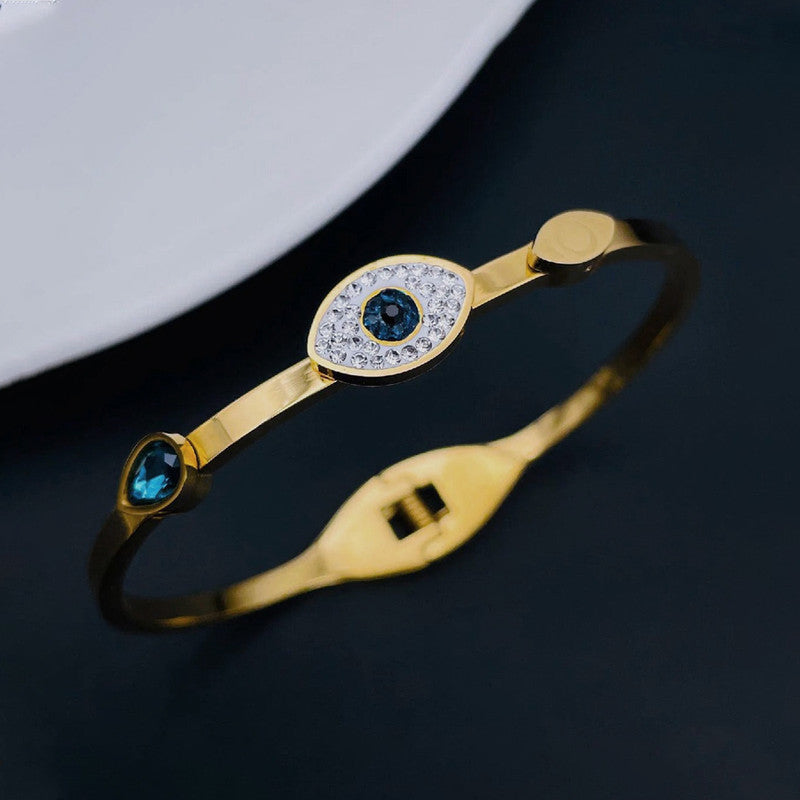 Stainless Steel Gold-Plated American Diamond Evil Eye Bangle-Style Anti-Tarnish Bracelet For Women