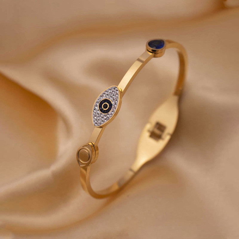 Stainless Steel Gold-Plated American Diamond Evil Eye Bangle-Style Anti-Tarnish Bracelet For Women