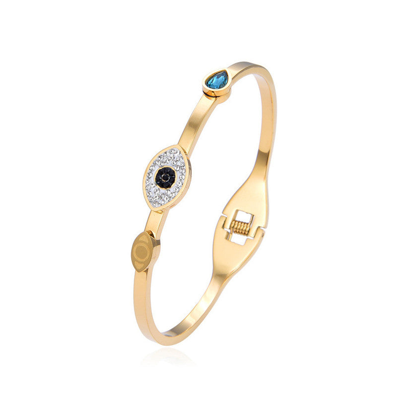 Stainless Steel Gold-Plated American Diamond Evil Eye Bangle-Style Anti-Tarnish Bracelet For Women