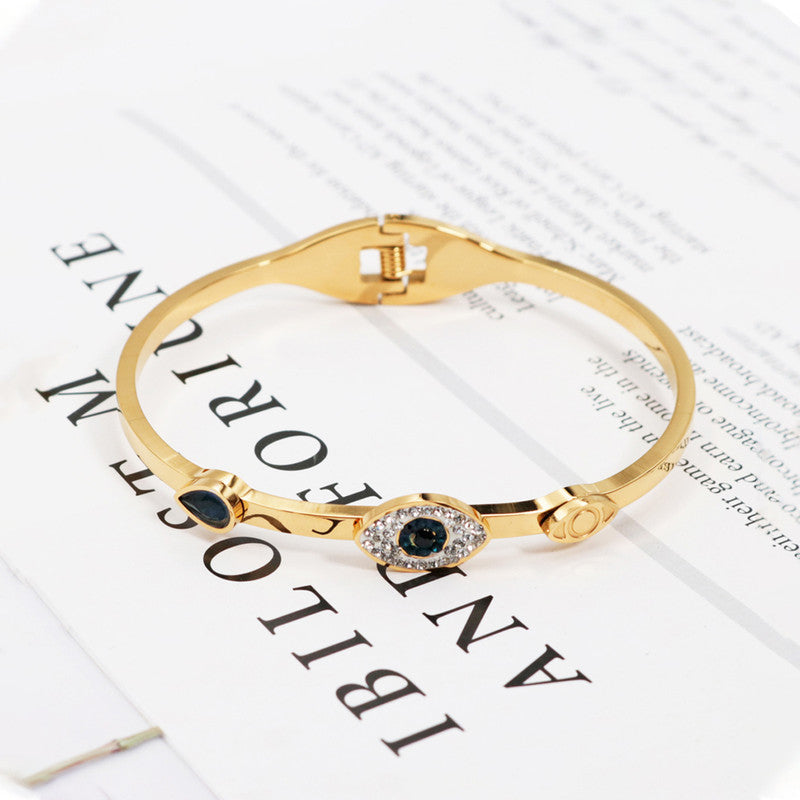 Stainless Steel Gold-Plated American Diamond Evil Eye Bangle-Style Anti-Tarnish Bracelet For Women