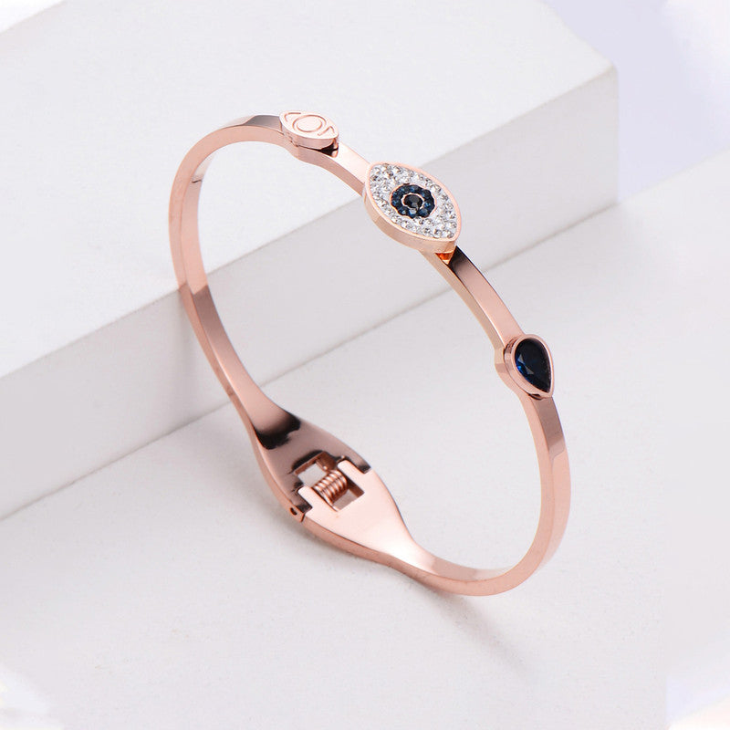 Stainless Steel Rose Gold-Plated American Diamond Evil Eye Bangle-Style Bracelet For Women