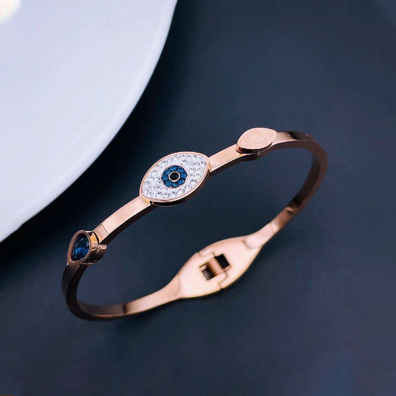 Stainless Steel Rose Gold-Plated American Diamond Evil Eye Bangle-Style Bracelet For Women