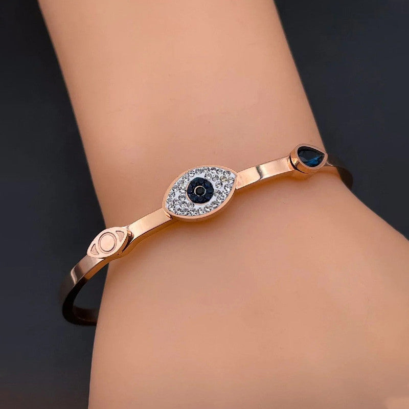 Stainless Steel Rose Gold-Plated American Diamond Evil Eye Bangle-Style Bracelet For Women