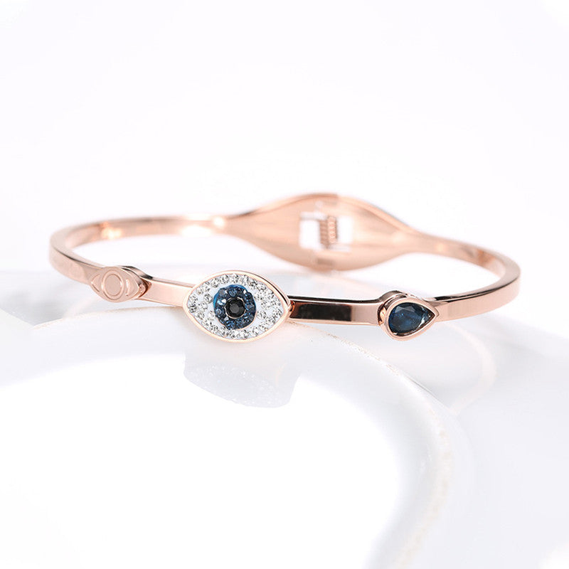 Stainless Steel Rose Gold-Plated American Diamond Evil Eye Bangle-Style Bracelet For Women