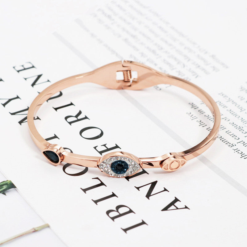 Stainless Steel Rose Gold-Plated American Diamond Evil Eye Bangle-Style Bracelet For Women