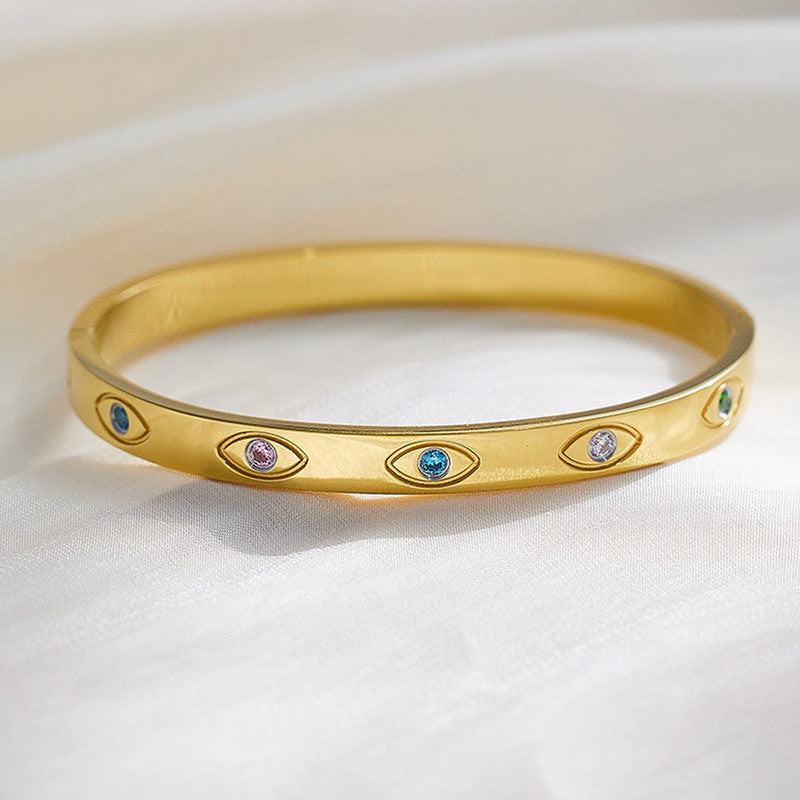 Stainless Steel Gold-Plated Multicolor American Diamond Evil Eye Bangle-Style Anti-Tarnish Bracelet For Women