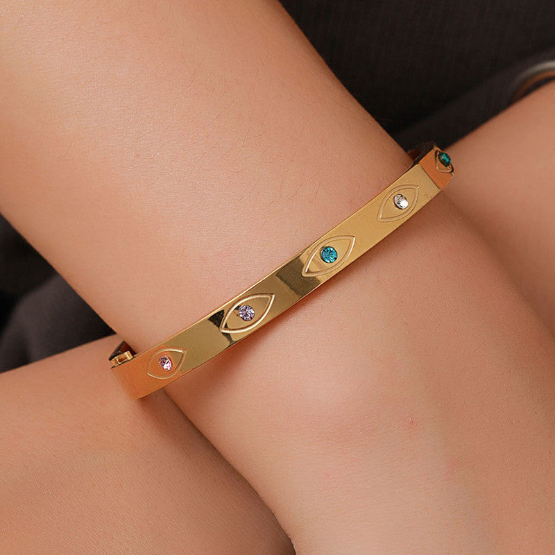 Stainless Steel Gold-Plated Multicolor American Diamond Evil Eye Bangle-Style Anti-Tarnish Bracelet For Women