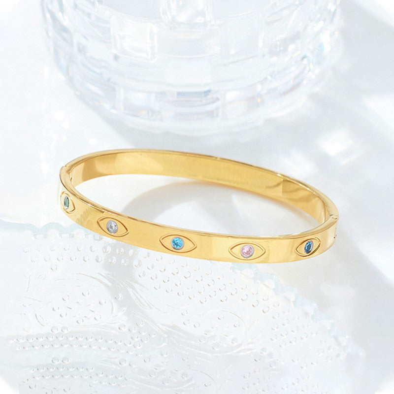 Stainless Steel Gold-Plated Multicolor American Diamond Evil Eye Bangle-Style Anti-Tarnish Bracelet For Women