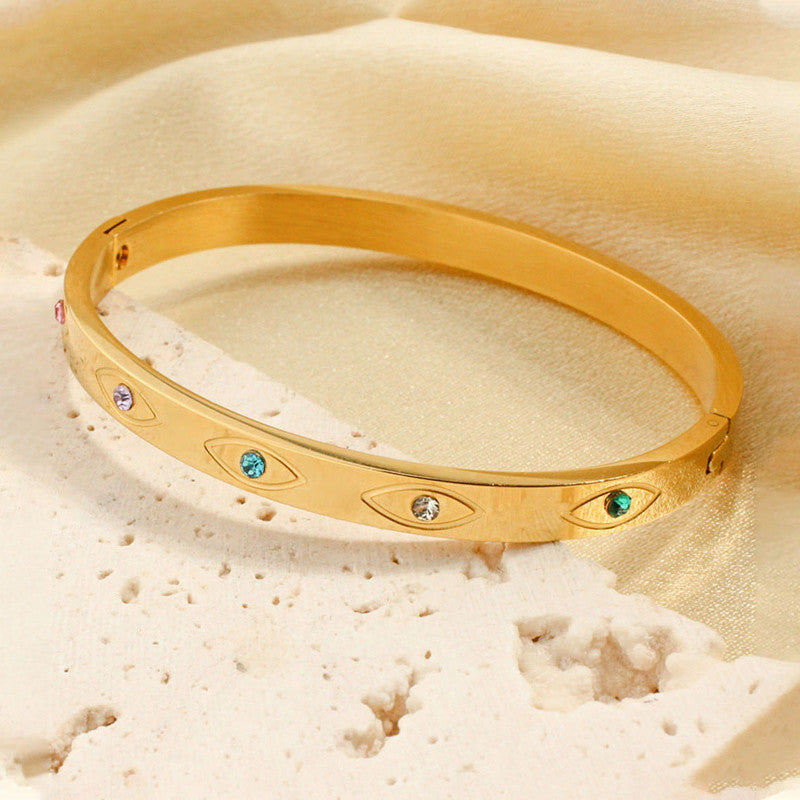 Stainless Steel Gold-Plated Multicolor American Diamond Evil Eye Bangle-Style Anti-Tarnish Bracelet For Women