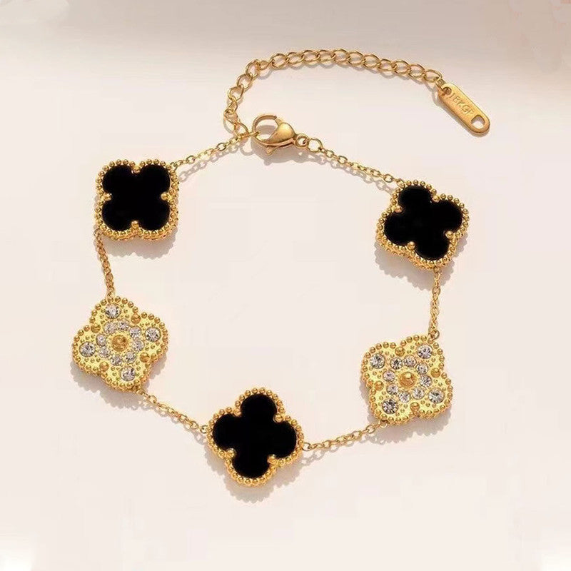 Stainless Steel Gold-Plated Multicolor AD studded Clover Link Bracelet For Women