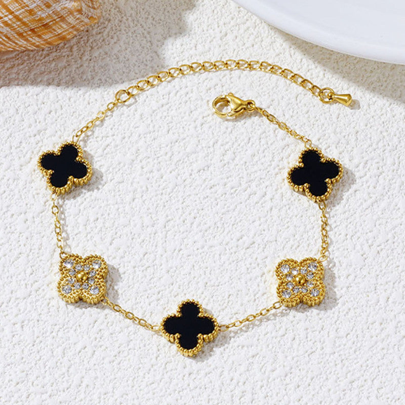 Stainless Steel Gold-Plated Multicolor AD studded Clover Link Bracelet For Women