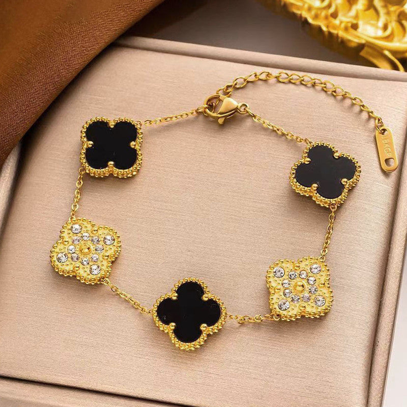 Stainless Steel Gold-Plated Multicolor AD studded Clover Link Bracelet For Women