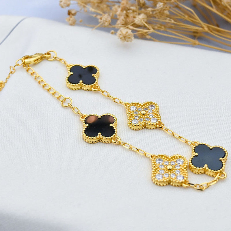 Stainless Steel Gold-Plated Multicolor AD studded Clover Link Bracelet For Women