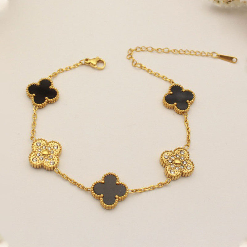 Stainless Steel Gold-Plated Multicolor AD studded Clover Link Bracelet For Women