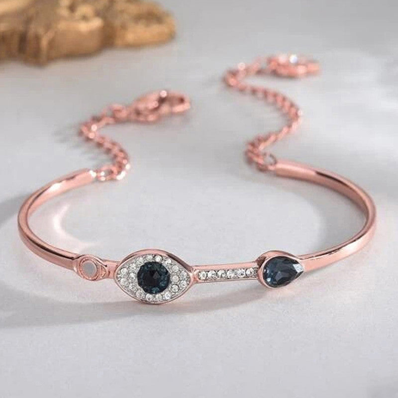 Stainless Steel Rose Gold-Plated American Diamond Evil Eye Bangle-Style Bracelet For Women