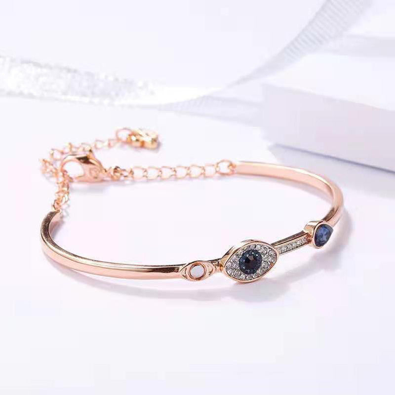 Stainless Steel Rose Gold-Plated American Diamond Evil Eye Bangle-Style Bracelet For Women