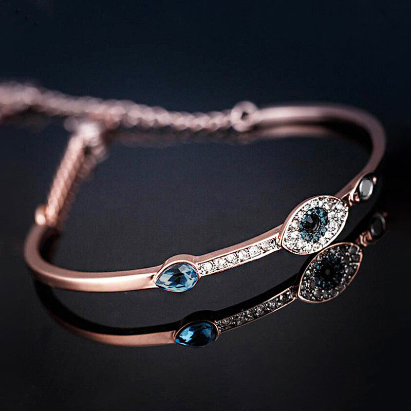 Stainless Steel Rose Gold-Plated American Diamond Evil Eye Bangle-Style Bracelet For Women