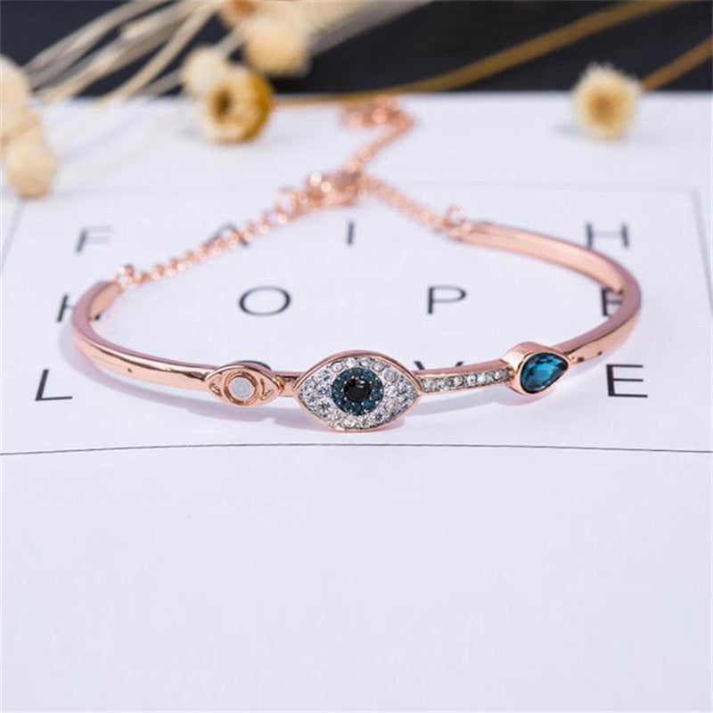 Stainless Steel Rose Gold-Plated American Diamond Evil Eye Bangle-Style Bracelet For Women