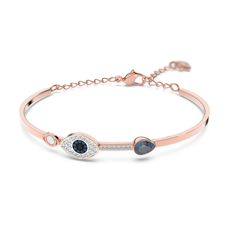 Stainless Steel Rose Gold-Plated American Diamond Evil Eye Bangle-Style Bracelet For Women