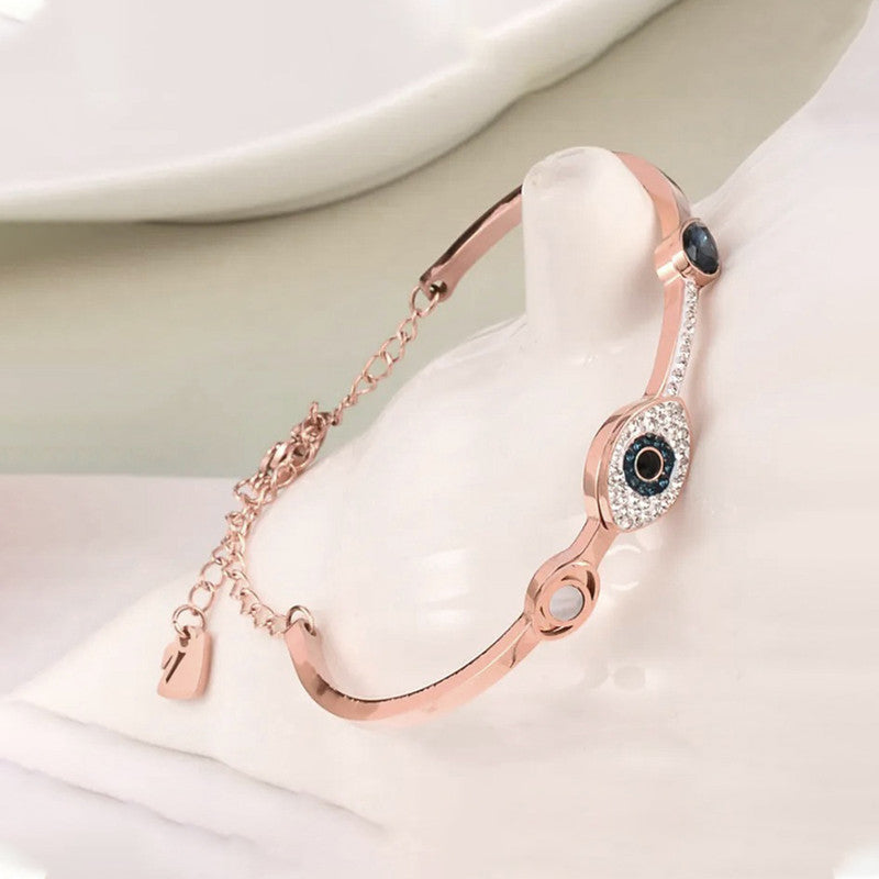 Stainless Steel Rose Gold-Plated American Diamond Evil Eye Bangle-Style Bracelet For Women