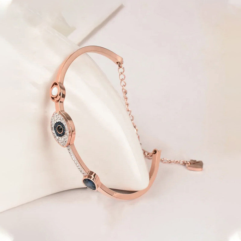 Stainless Steel Rose Gold-Plated American Diamond Evil Eye Bangle-Style Bracelet For Women