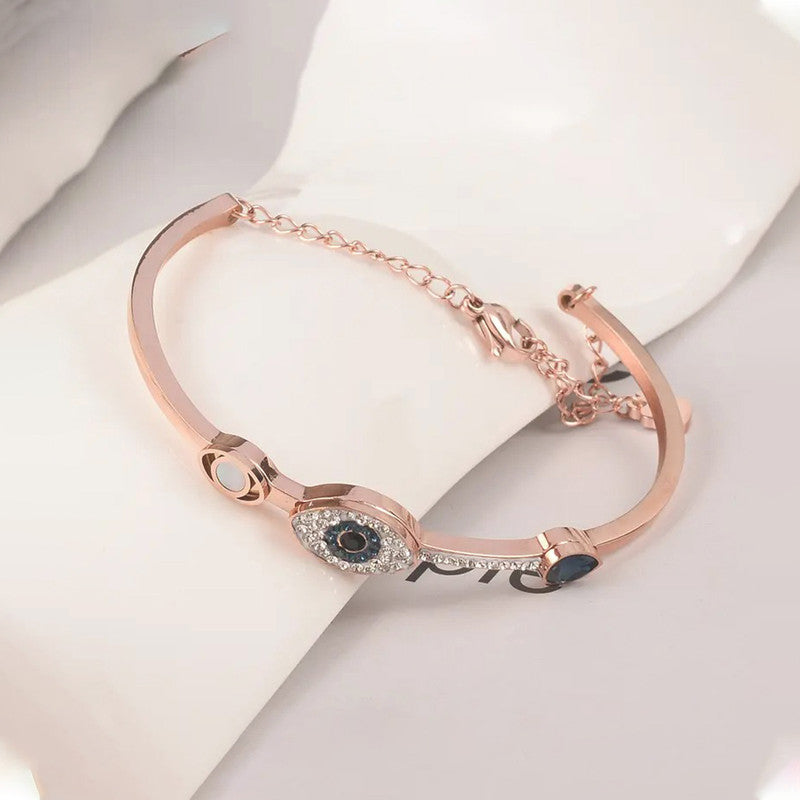 Stainless Steel Rose Gold-Plated American Diamond Evil Eye Bangle-Style Bracelet For Women