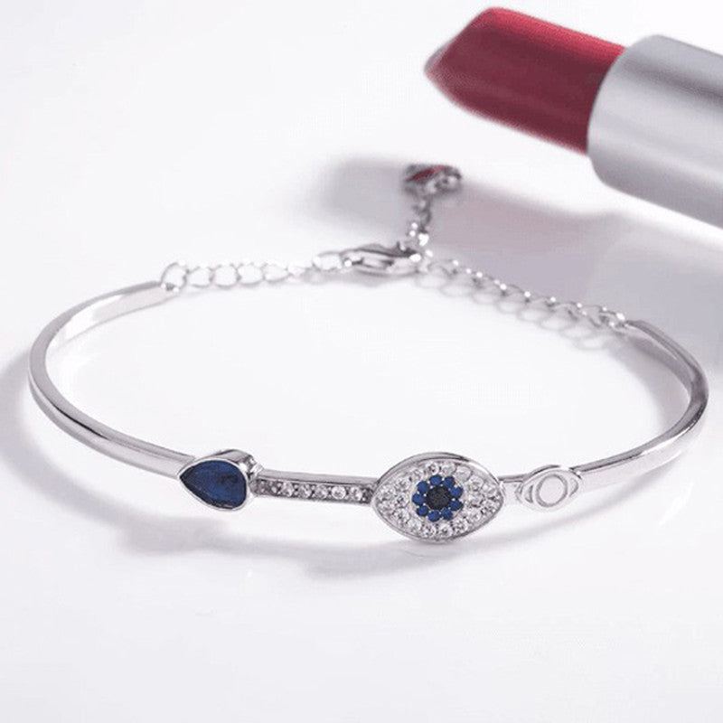 Stainless Steel Silver-Plated American Diamond Evil Eye Bangle-Style Anti-Tarnish Bracelet For Women