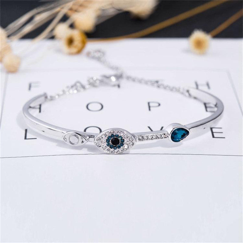 Stainless Steel Silver-Plated American Diamond Evil Eye Bangle-Style Anti-Tarnish Bracelet For Women