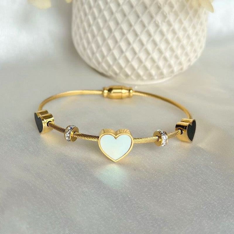 Stainless Steel Gold Plated AD Studded Heart themed Anti-Tarnish Bracelet