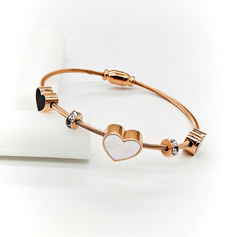 Stainless Steel Rose Gold Plated AD Studded Heart themed Anti-Tarnish Bracelet