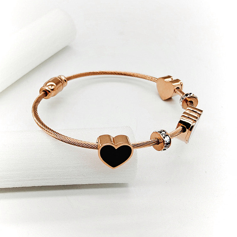 Stainless Steel Rose Gold Plated AD Studded Heart themed Anti-Tarnish Bracelet